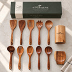 Acacia wood kitchen utensil set of 12 with holder, spoon rest and gift box