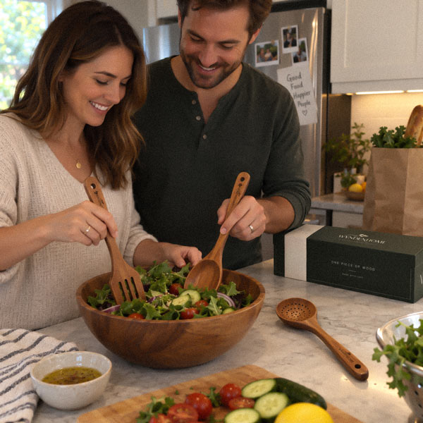 Tossing salad with acacia wood salad spoon and fork in a wooden bowl